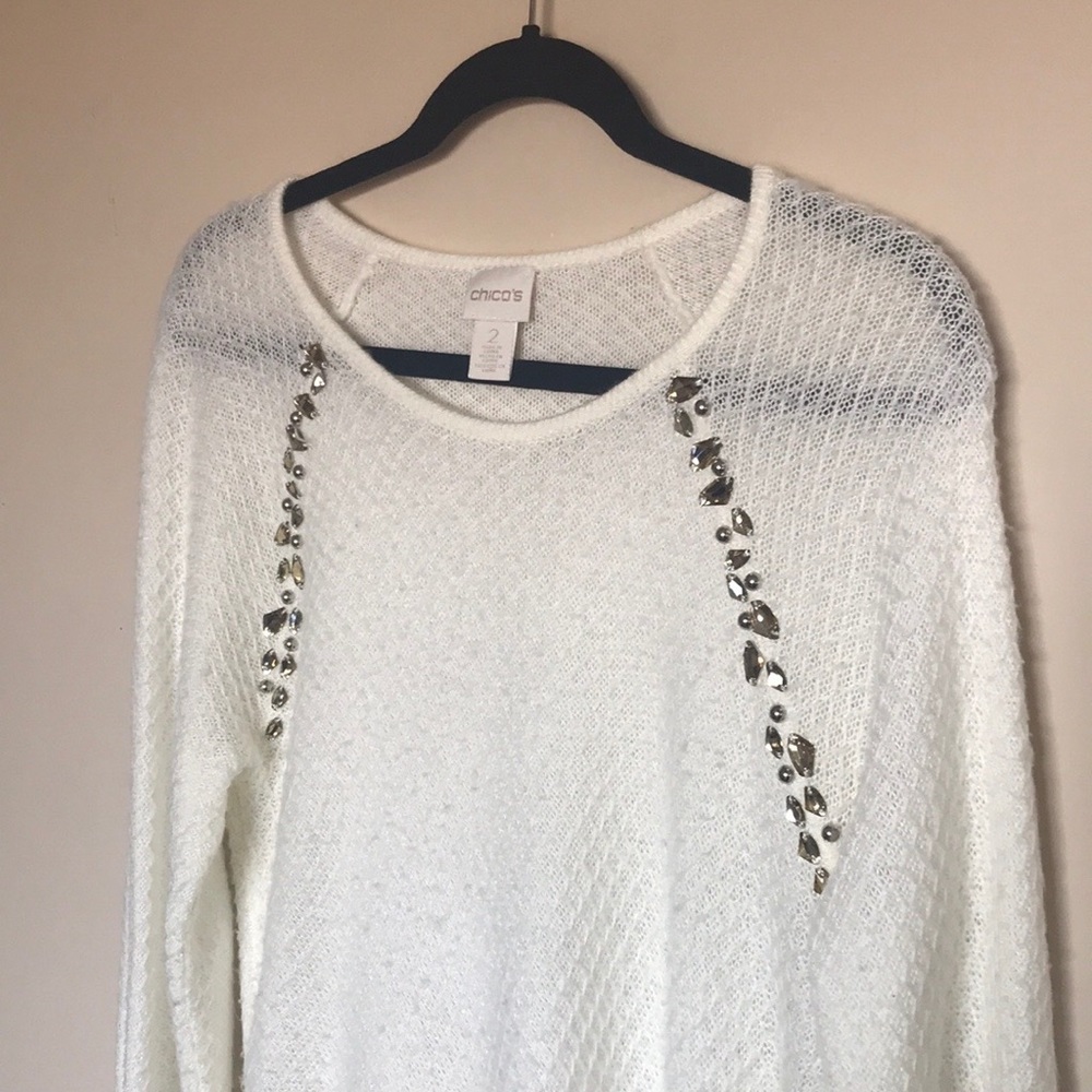 Chico’s Cream Sweater w/ Gemstones & Crochet Hem